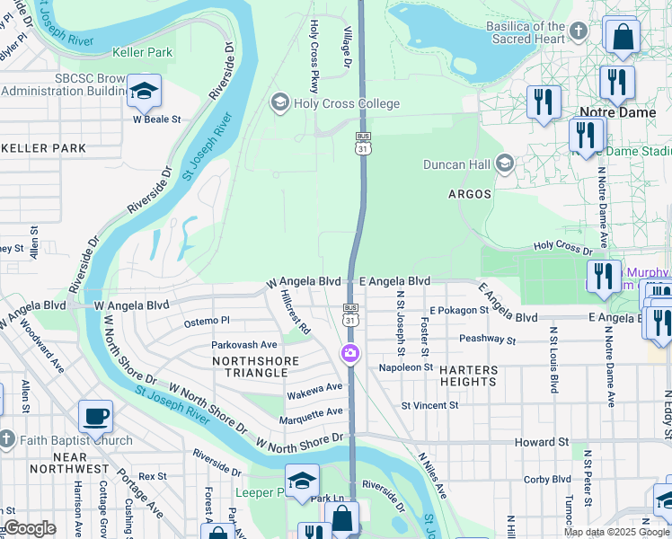 map of restaurants, bars, coffee shops, grocery stores, and more near 1441 North Michigan Street in South Bend