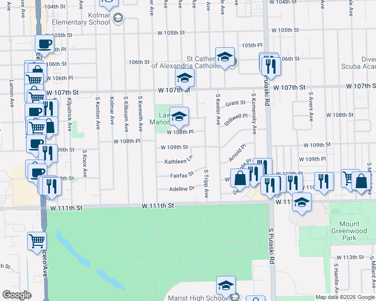 map of restaurants, bars, coffee shops, grocery stores, and more near 4240 Kathleen Lane in Oak Lawn