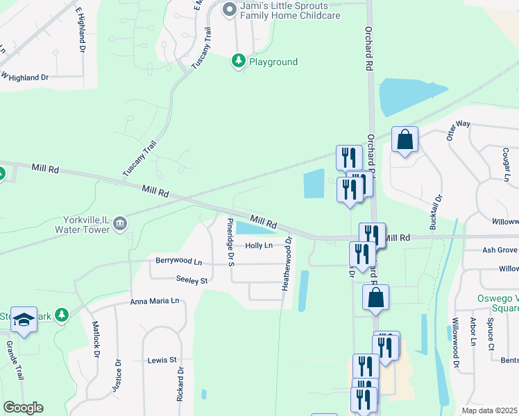 map of restaurants, bars, coffee shops, grocery stores, and more near 6823 Mill Road in Oswego
