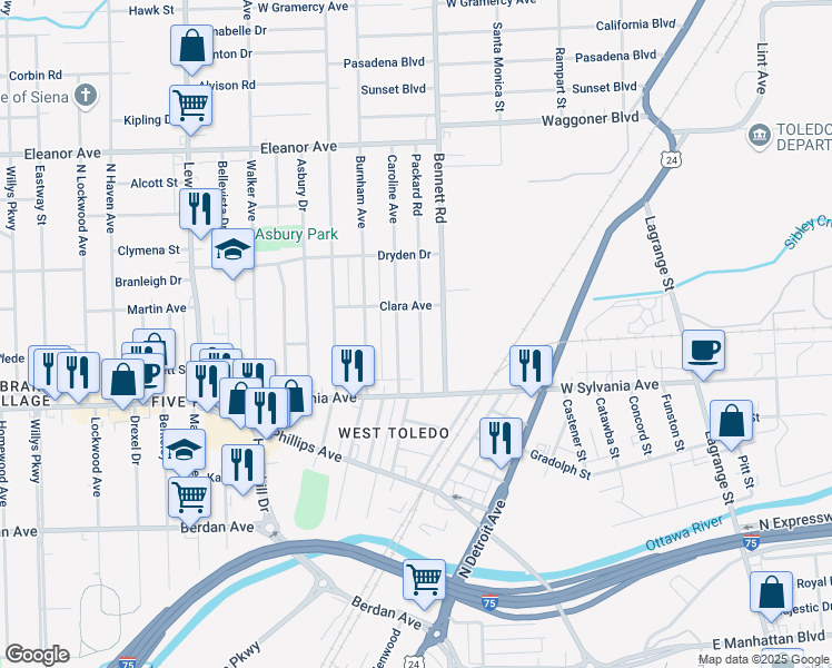 map of restaurants, bars, coffee shops, grocery stores, and more near 4117 Packard Road in Toledo