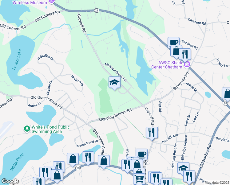 map of restaurants, bars, coffee shops, grocery stores, and more near 425 Crowell Road in Chatham