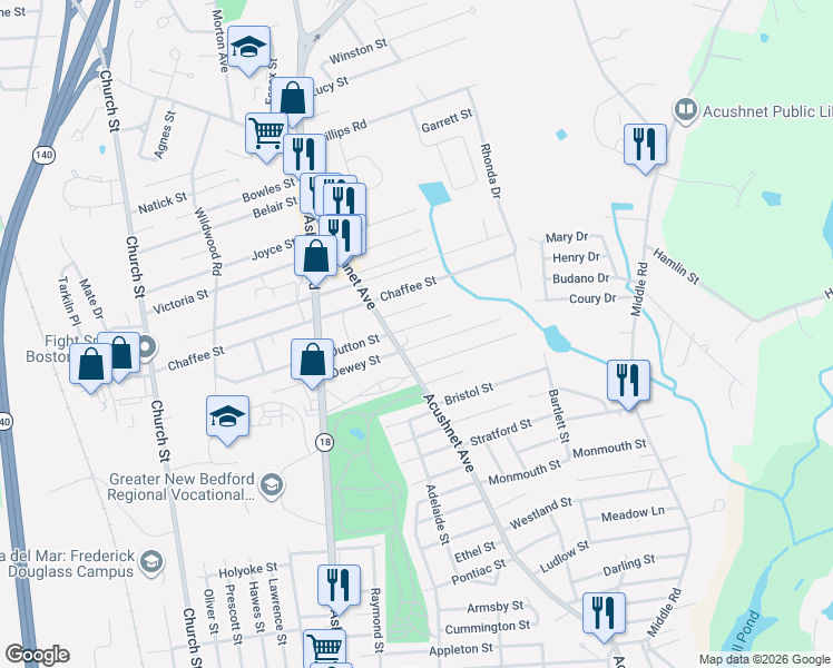 map of restaurants, bars, coffee shops, grocery stores, and more near 2709 Acushnet Avenue in New Bedford