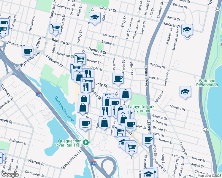 map of restaurants, bars, coffee shops, grocery stores, and more near 34 Canonicus Street in Fall River