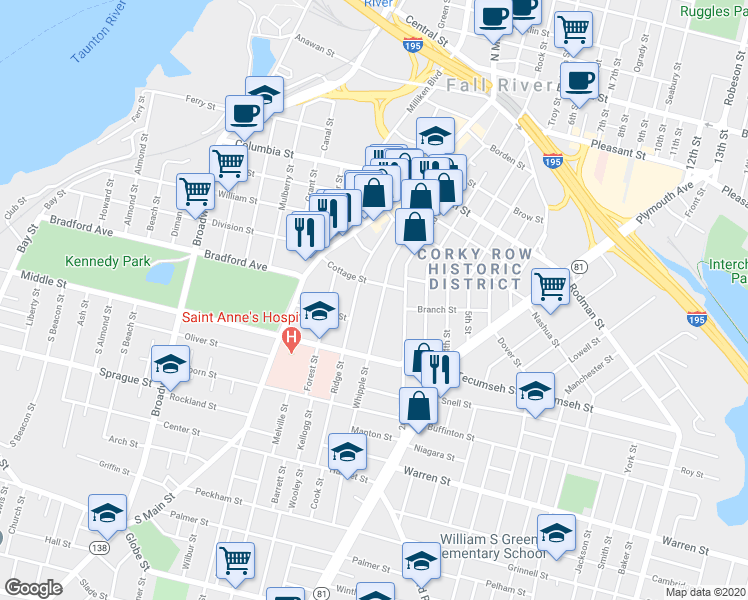 map of restaurants, bars, coffee shops, grocery stores, and more near 218 Whipple Street in Fall River