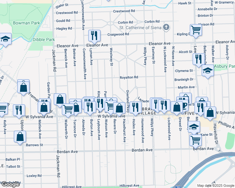 map of restaurants, bars, coffee shops, grocery stores, and more near 4110 Westway Street in Toledo