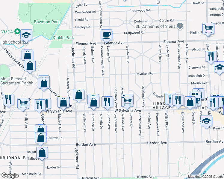 map of restaurants, bars, coffee shops, grocery stores, and more near 4109 Lyman Avenue in Toledo