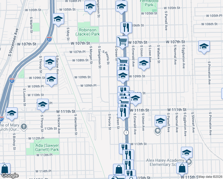 map of restaurants, bars, coffee shops, grocery stores, and more near 11000 South Peoria Street in Chicago