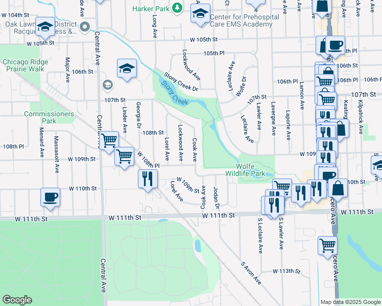 map of restaurants, bars, coffee shops, grocery stores, and more near 10844 Cook Avenue in Oak Lawn