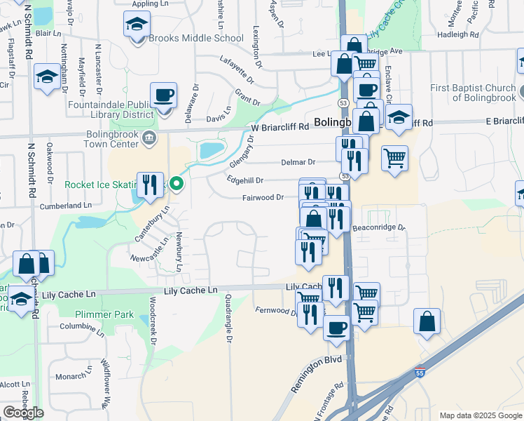 map of restaurants, bars, coffee shops, grocery stores, and more near 2I South Fernwood Drive in Bolingbrook