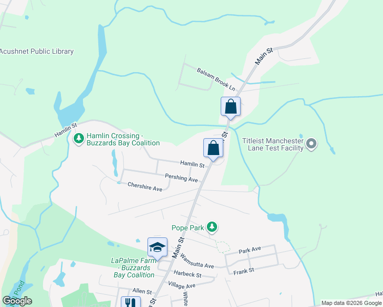 map of restaurants, bars, coffee shops, grocery stores, and more near 313 Main Street in Acushnet