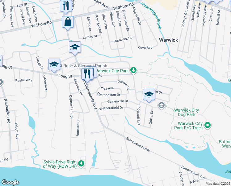 map of restaurants, bars, coffee shops, grocery stores, and more near 181 Gainesville Drive in Warwick