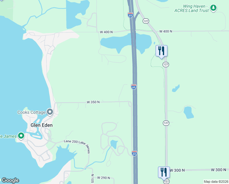 map of restaurants, bars, coffee shops, grocery stores, and more near 626-796 West 350 North in Angola