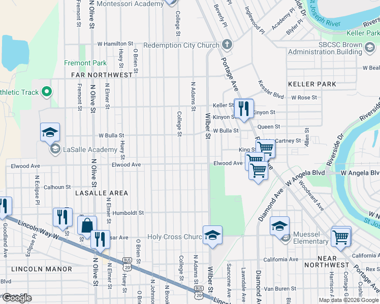 map of restaurants, bars, coffee shops, grocery stores, and more near 1703 Elwood Avenue in South Bend