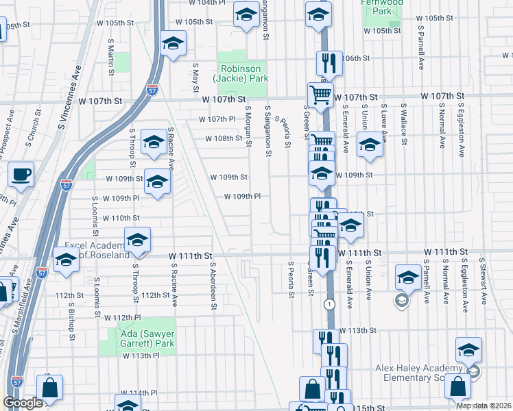 map of restaurants, bars, coffee shops, grocery stores, and more near 11000 South Sangamon Street in Chicago