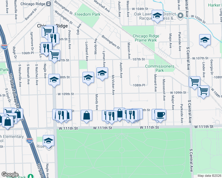 map of restaurants, bars, coffee shops, grocery stores, and more near 10901 Lyman Avenue in Chicago Ridge