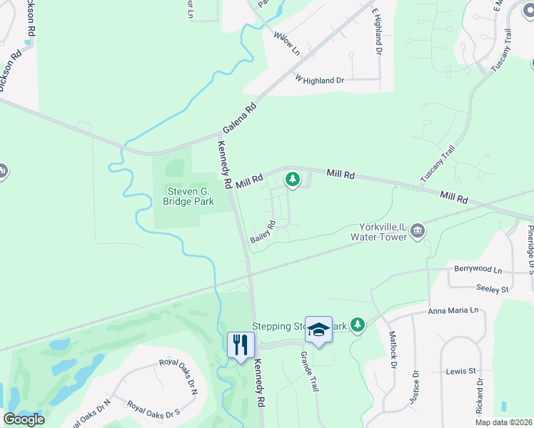 map of restaurants, bars, coffee shops, grocery stores, and more near 3821 Bailey Road in Yorkville
