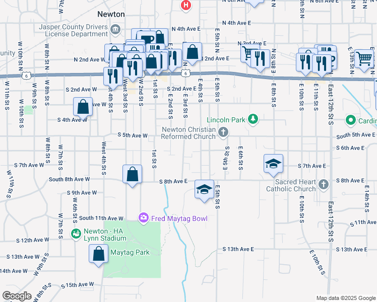 map of restaurants, bars, coffee shops, grocery stores, and more near 616 East 3rd Street South in Newton