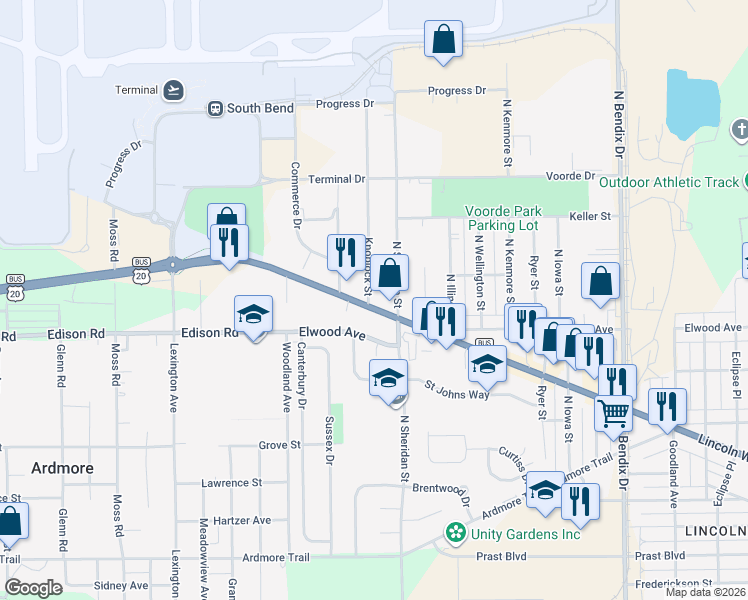 map of restaurants, bars, coffee shops, grocery stores, and more near 3900-3998 U.S. 20 Business in South Bend