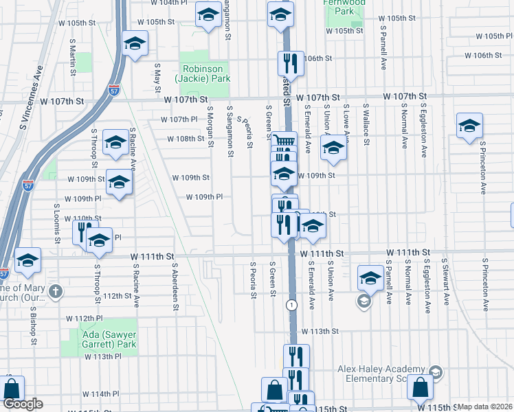 map of restaurants, bars, coffee shops, grocery stores, and more near 11000 South Peoria Street in Chicago