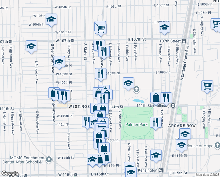 map of restaurants, bars, coffee shops, grocery stores, and more near 124 East 110th Street in Chicago