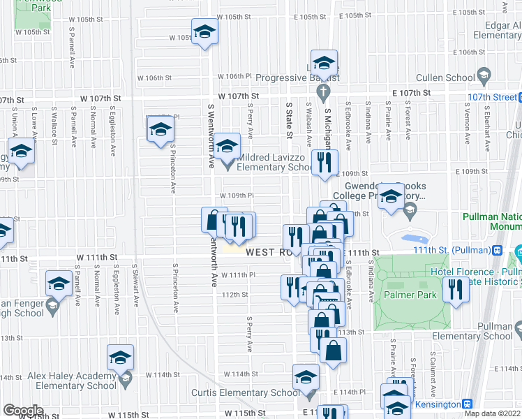 map of restaurants, bars, coffee shops, grocery stores, and more near 11011 South Perry Avenue in Chicago
