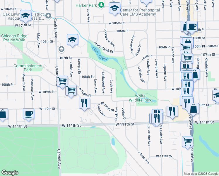 map of restaurants, bars, coffee shops, grocery stores, and more near 10844 Cook Avenue in Oak Lawn