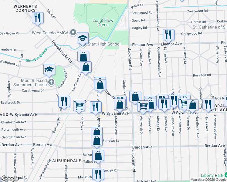 map of restaurants, bars, coffee shops, grocery stores, and more near 4129 Harris Street in Toledo