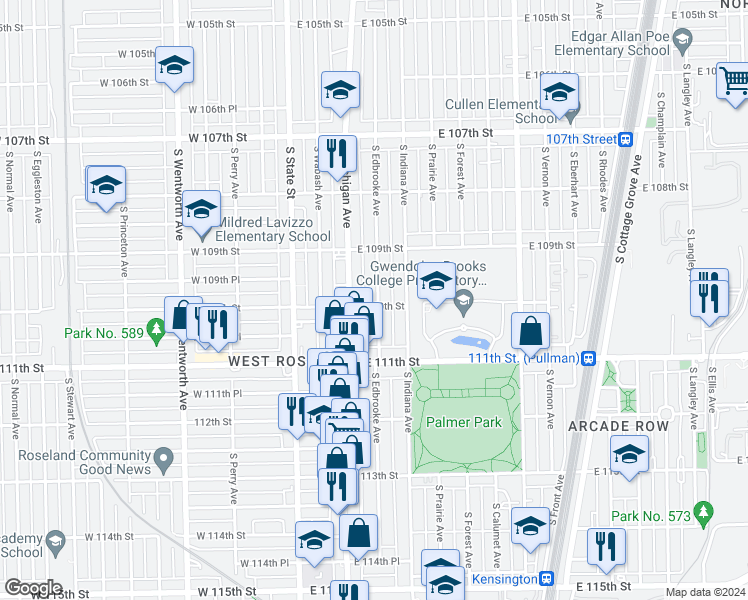 map of restaurants, bars, coffee shops, grocery stores, and more near 124 East 110th Street in Chicago