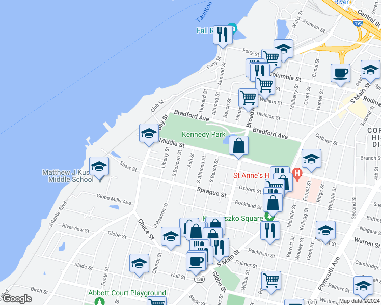 map of restaurants, bars, coffee shops, grocery stores, and more near 23 Ash Street in Fall River