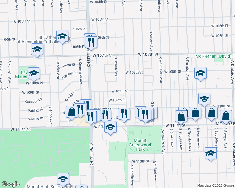 map of restaurants, bars, coffee shops, grocery stores, and more near 3838 West 109th Place in Chicago