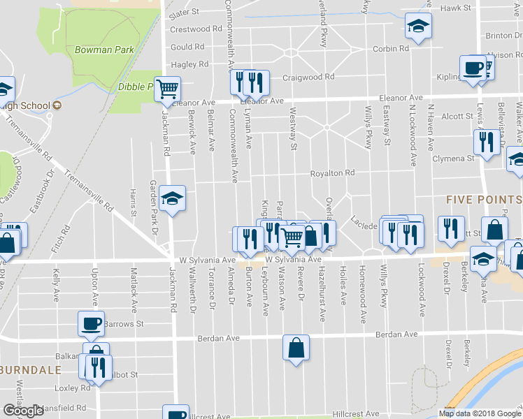 map of restaurants, bars, coffee shops, grocery stores, and more near 4133 Kingsbury Avenue in Toledo
