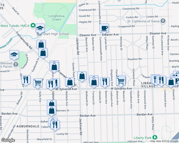 map of restaurants, bars, coffee shops, grocery stores, and more near 4108 Berwick Avenue in Toledo
