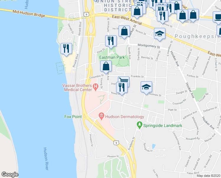 map of restaurants, bars, coffee shops, grocery stores, and more near 64 Lincoln Avenue in Poughkeepsie
