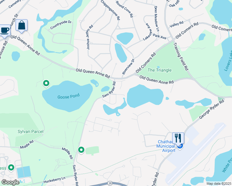 map of restaurants, bars, coffee shops, grocery stores, and more near 5 Ryder Pond East Road in Chatham