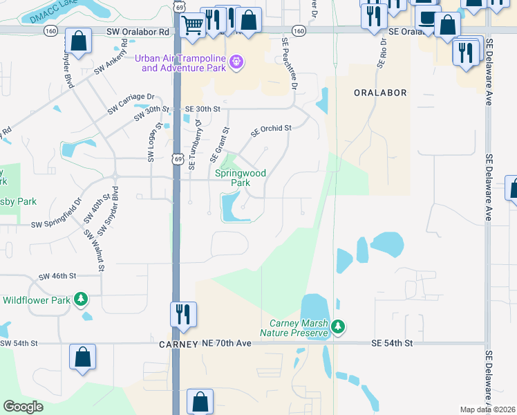 map of restaurants, bars, coffee shops, grocery stores, and more near 3308 Southeast Cherry Blossom Drive in Ankeny