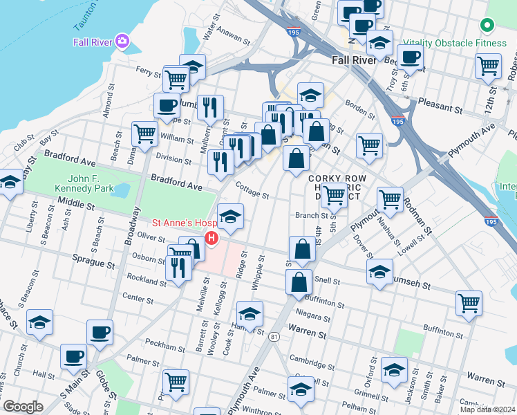 map of restaurants, bars, coffee shops, grocery stores, and more near 202 Ridge Street in Fall River