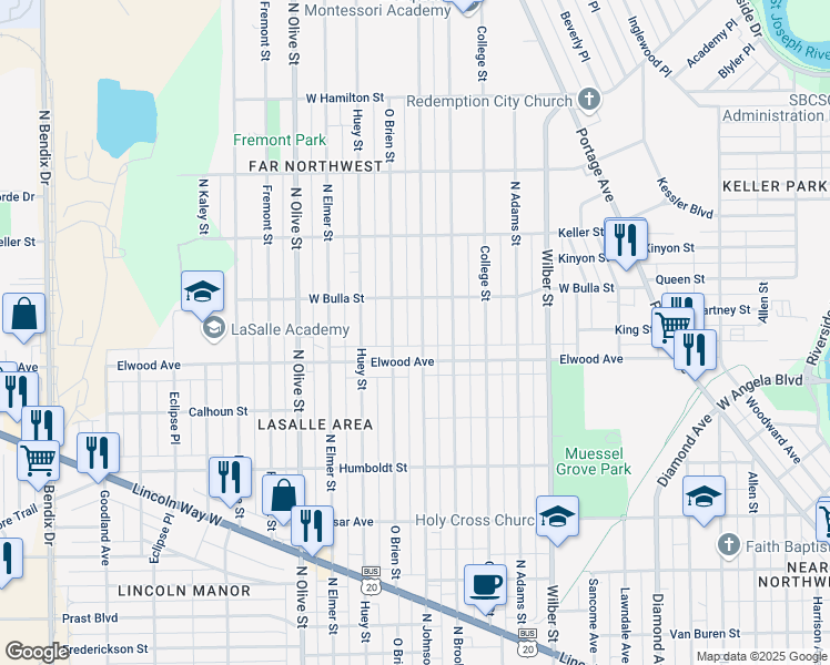 map of restaurants, bars, coffee shops, grocery stores, and more near 1404 O Brien Street in South Bend