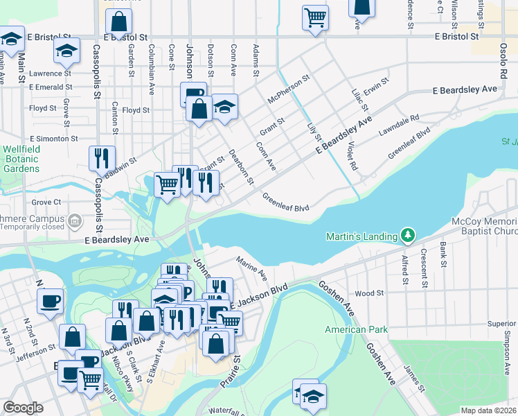 map of restaurants, bars, coffee shops, grocery stores, and more near 921 East Beardsley Avenue in Elkhart