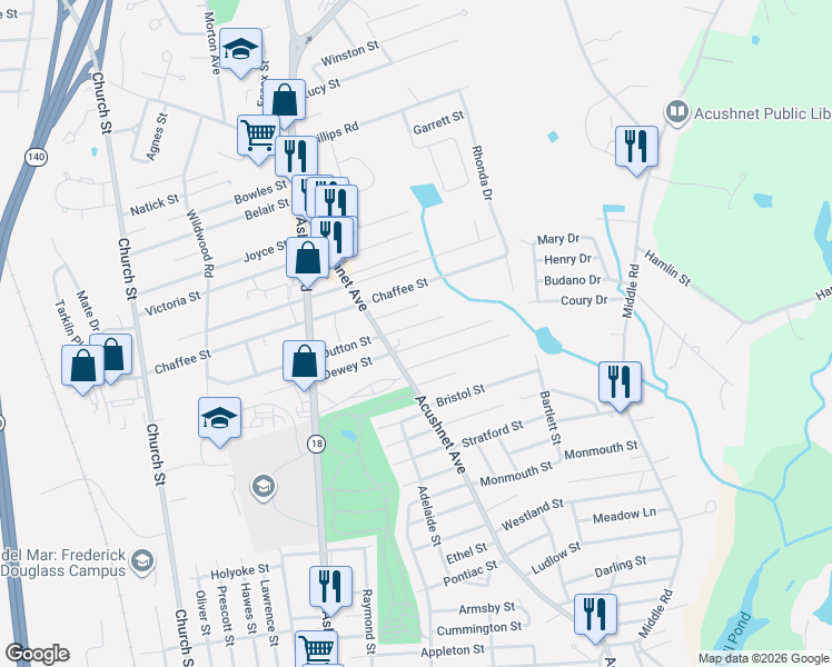 map of restaurants, bars, coffee shops, grocery stores, and more near 967 Maplewood Street in New Bedford