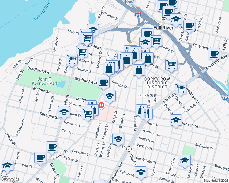 map of restaurants, bars, coffee shops, grocery stores, and more near 261 Ridge Street in Fall River