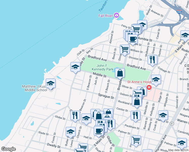 map of restaurants, bars, coffee shops, grocery stores, and more near 71 Ash Street in Fall River
