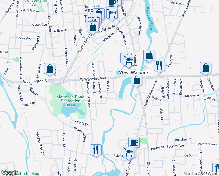 map of restaurants, bars, coffee shops, grocery stores, and more near 81 Harbour Avenue in West Warwick