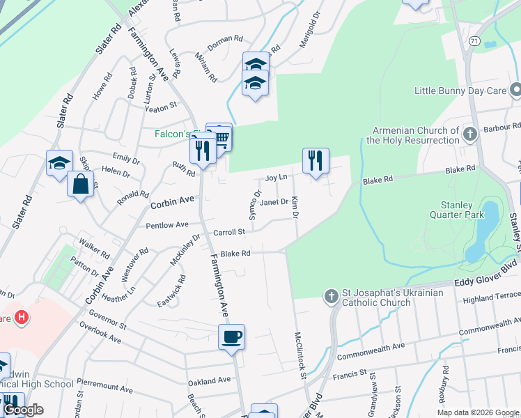 map of restaurants, bars, coffee shops, grocery stores, and more near 90 Carroll Street in New Britain