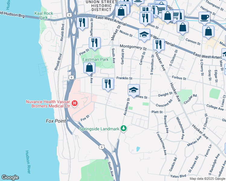 map of restaurants, bars, coffee shops, grocery stores, and more near 7 Suncrest Court in Poughkeepsie