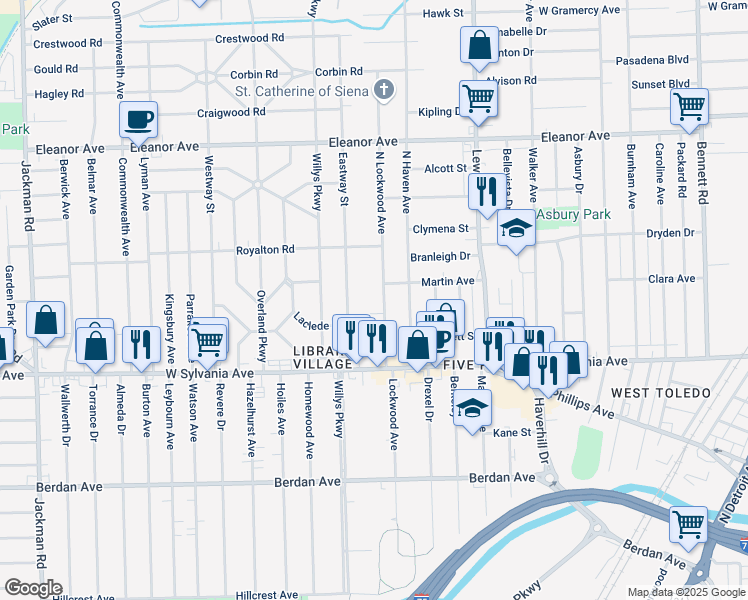 map of restaurants, bars, coffee shops, grocery stores, and more near 4102 Eastway Street in Toledo