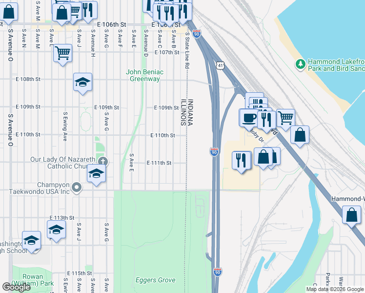 map of restaurants, bars, coffee shops, grocery stores, and more near 11046 South State Line Road in Chicago