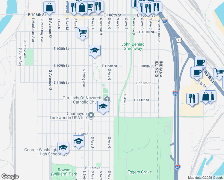 map of restaurants, bars, coffee shops, grocery stores, and more near 11050 South Avenue F in Chicago