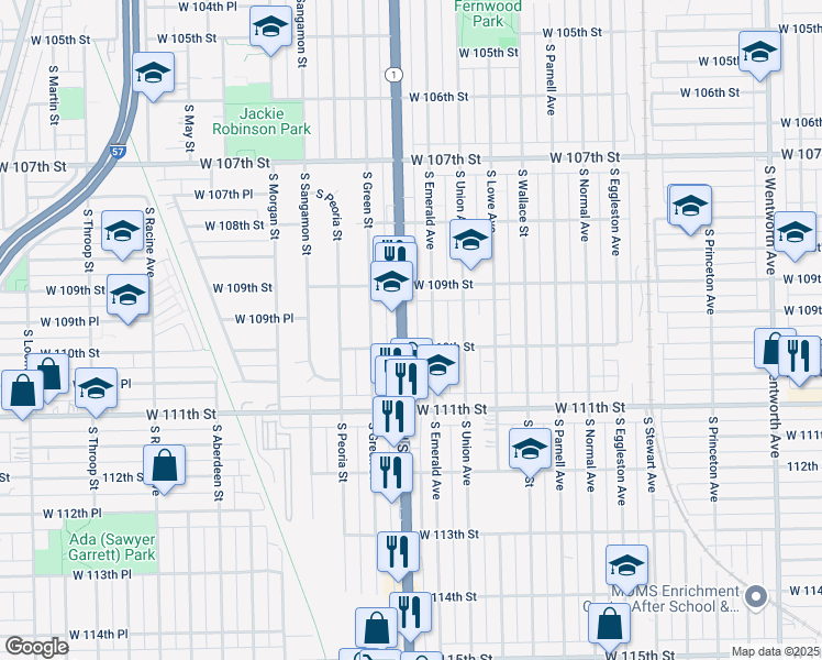 map of restaurants, bars, coffee shops, grocery stores, and more near 11003 South Halsted Street in Chicago
