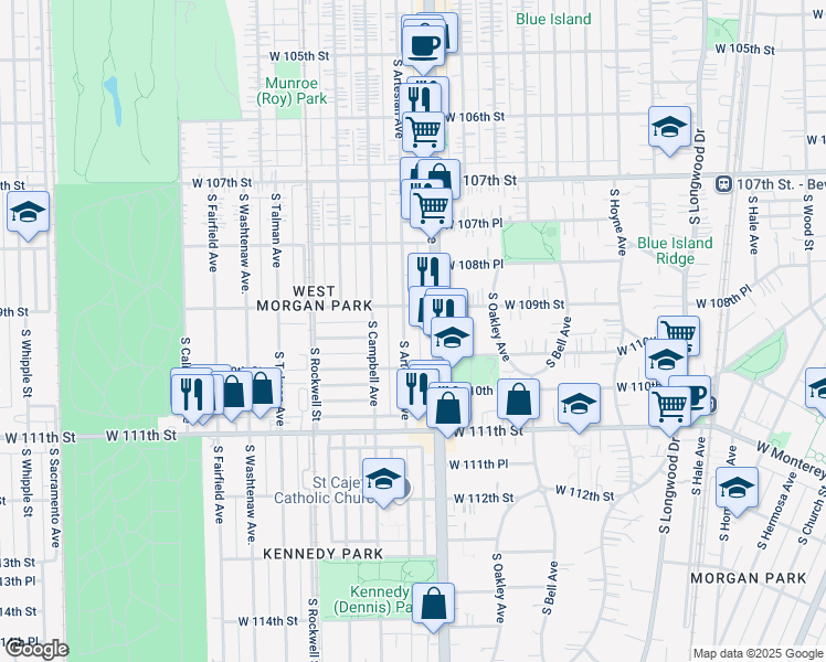 map of restaurants, bars, coffee shops, grocery stores, and more near 10949 South Artesian Avenue in Chicago
