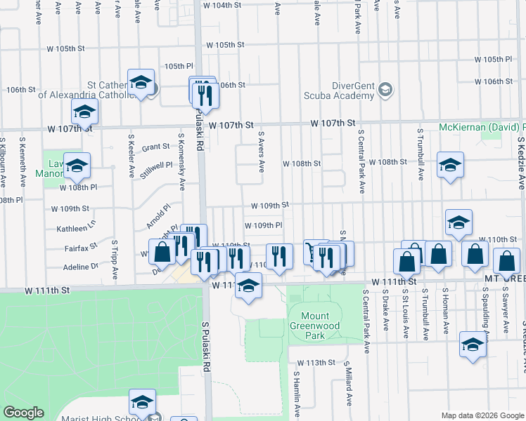 map of restaurants, bars, coffee shops, grocery stores, and more near 3838 West 109th Place in Chicago